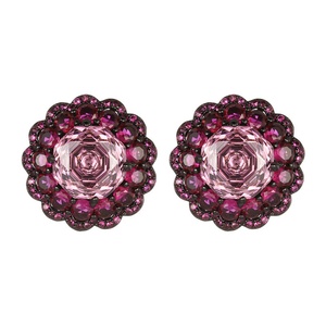 Boucles d'oreilles vintage en cuivre écologique plaqué or noir, zircon violet taille rose 10*10mm, motif fleur, pour femme - Product Image 1