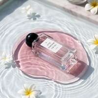 Vente en gros de flacons de parfum vides en verre carré de luxe de 50 ml avec pulvérisateur à pompe givré et estampé à chaud, emballage en boîte