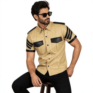 Camisa de Cuero para Hombre, Manga Corta, Beige, Camel, Negro, Contraste, Doble Bolsillo, Manga a Rayas, Estilo Safari, Casual, Vacaciones - Product Image 1