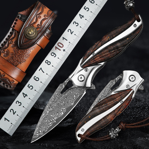 Coltello Pieghevole in Acciaio Damasco VG10 a 78 Strati con Manico in <span class=keywords><strong>Legno</strong></span> di Acero e Fodero in Pelle Goffrata, Coltello Tascabile da Collezione EDC, Regalo OEM - Product Image 2