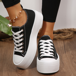 Sneakers Casual da Donna in Tela Nera per l'Autunno, Traspiranti con Plateau e Lacci, Comode - Product Image 3