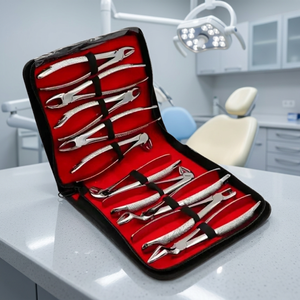 Dental Tooth Forceps 10-Piece Set Silver Knurled Grip Manual Surgical Instruments Class I Red Case - Product Image 2