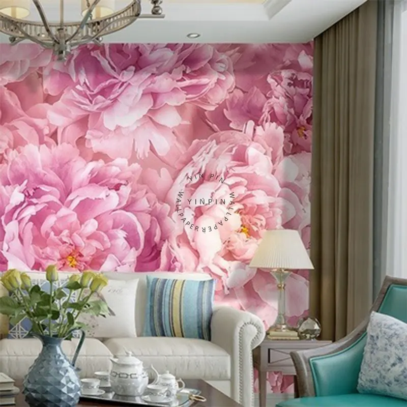 Papel tapiz de fondo de sala de estar de peonía Rosa pintada a mano americana