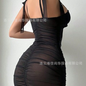Robe mini moulante sexy en résille avec jarretelles, robe de lingerie transparente froncée avec nœud papillon pour femme - Product Image 4