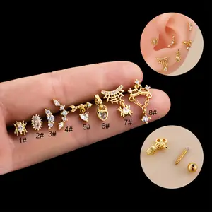 Heart spider web zircon ear septum stainless steel piercing jewelry body tragus cartilage puncture helix piercing earrings jewel