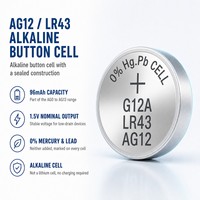 Pile bouton alcaline sans mercure ni plomb AG12 1,5 V 96 mAh LR43 pour montres, calculatrices, télécommandes et appareils électroniques