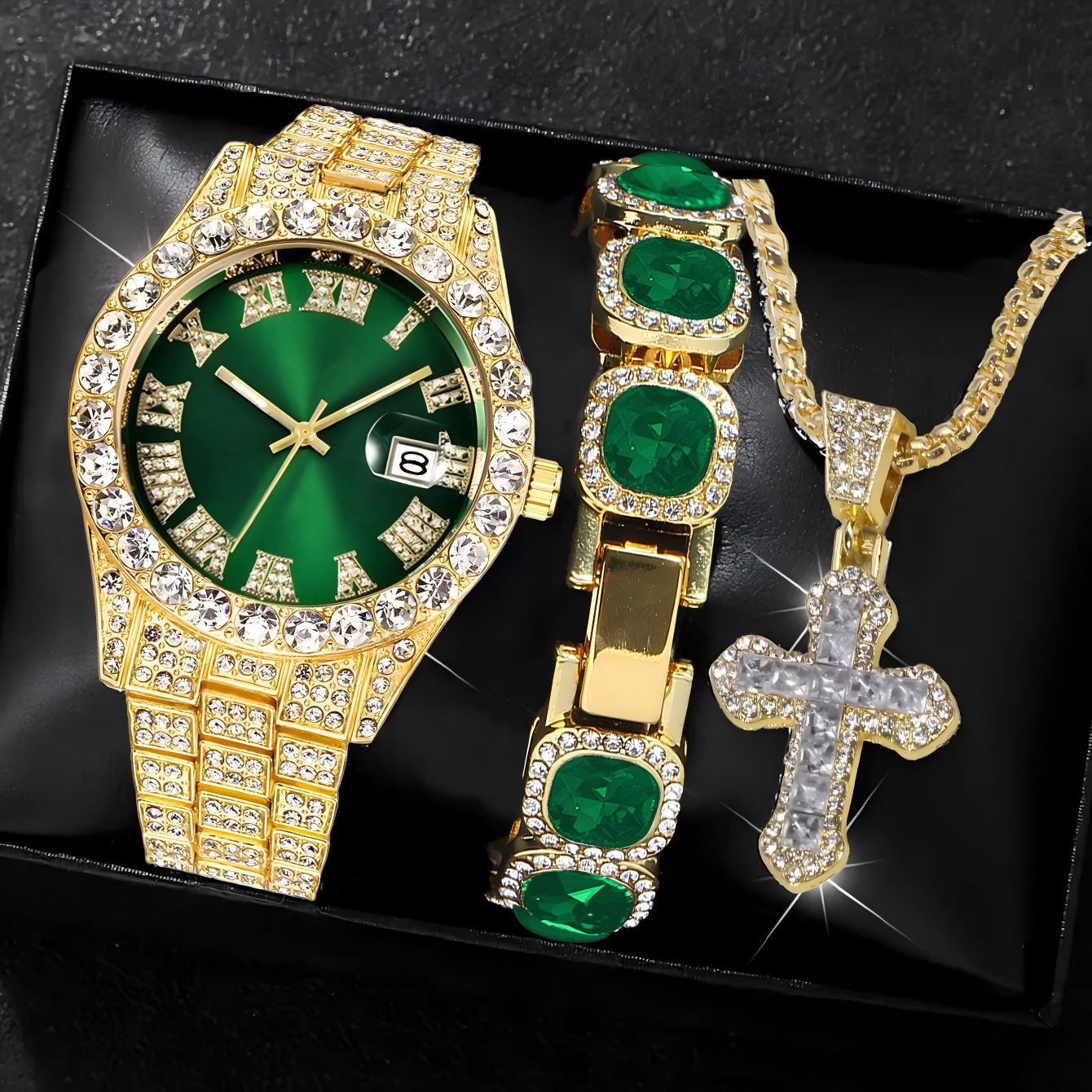 Montre vert doré + bracelet vert doré + collier blanc doré