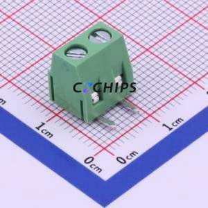 DG127R-5.0-02P-14-00A(H) Screw Terminal Block Bent Lead Through Hole,P=5mm Connector 1x2P 5mm Green Right Angle Insert - Product Image 1