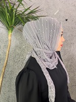 Zifeng OEM Foulard pour femme du Moyen-Orient en dentelle, maille, orné de perles et de strass, style Hui, avec lanières en gaze