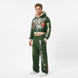 Conjunto de Sudadera con Capucha Verde para Hombre, Estilo Urbano con Estampado Digital, Conjunto de Dos Piezas con Patrón de Huesos y Pantalones con Cremallera - Product Image 6