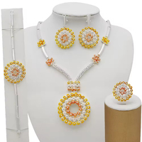 Parure de bijoux africaine 4 pièces plaqué or 24 carats, style vintage, comprenant collier à grand pendentif rond, boucles d'oreilles, bague et bracelet, pour mariage, fiançailles et mariée