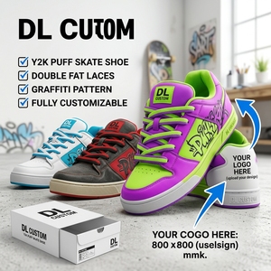 Baskets de skate basses rembourrées Y2K personnalisées avec lacets épais, en cuir imprimé graffiti, soutien de la voûte plantaire, respirantes et color block - Product Image 1