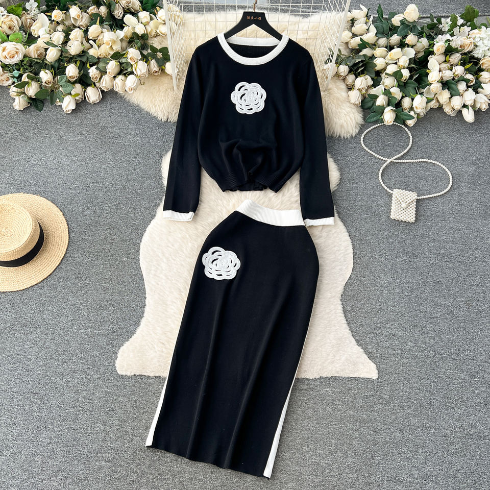 Simple Black O Neck Tops And Skirts Solid Cotton Two Pieces Set Fall main image 1