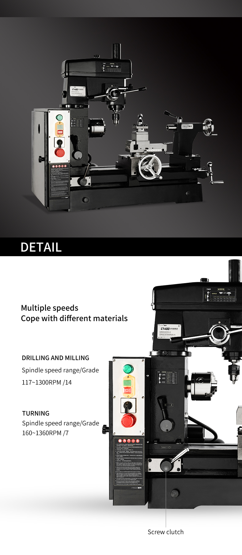 combo mill drill lathe machine CT400 mini 3in1lathe multi-purpose lathe machine with competitive price