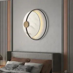 Moderne Led Black Metal Met Marmeren Fancy Luxe Warm Licht Slaapkamer Woonkamer Hotel Decoratie Grote Ronde Wandlamp