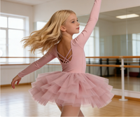 Justaucorps de danse sans dos avec trois jupes en maille, robe de danseuse à manches longues, costume de performance pour enfants