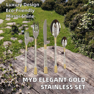Juego de Cubiertos MYD Sostenibles y Reutilizables de Acero Inoxidable con Acabado Espejo, Cubertería Dorada de Alta Calidad para Camping - Product Image 2