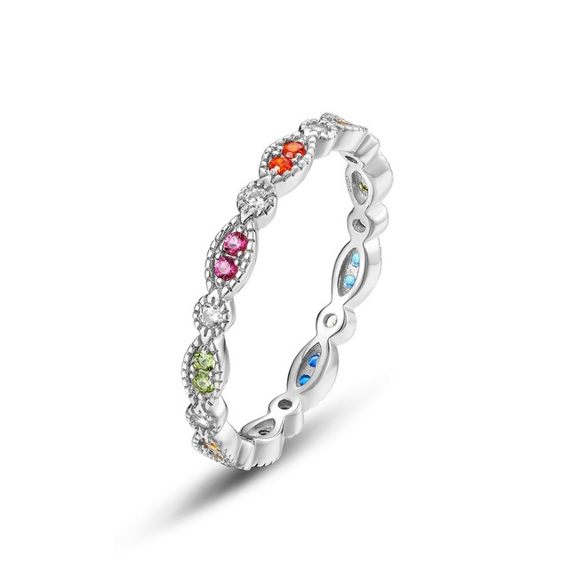 Open Cutout Brilliant Cut Rainbow Multi Stone CZ Wedding Ring S925 Sterling Silver Rhodium Plated Milgrain Edge Boho Stacking