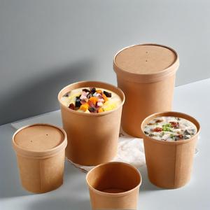 Disposable Brown Kraft Paper <b>Takeaway</b> Food Packaging <b>Container</b> 8oz 12oz 16oz 20oz 26oz 32oz Porridge Soup Bucket <b>With</b> Paper <b>Lid</b> - Product Image 2
