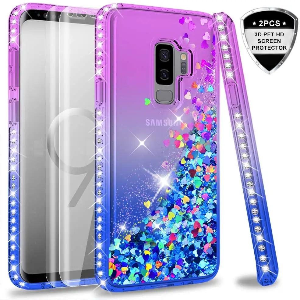 LeYi glitter cep telefonları samsung S9 artı cep torbalar ve arka kapak durumda temperli cam [2 paket]