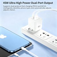 Cargador de Pared Portátil GaN de 45W con Doble Puerto PD 3.0 Tipo C y Enchufe Plegable de 90 Grados para EE. UU., UE y Reino Unido, Compatible con iPhone 16, 15, Samsung y Laptops