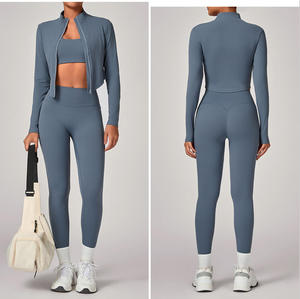 Conjunto de Yoga de 3 Piezas para Mujer, Traje Deportivo de Manga Larga, Ropa Deportiva con Costuras, Transpirable y Ecológica para Correr y Gimnasio, Color Sólido - Product Image 5
