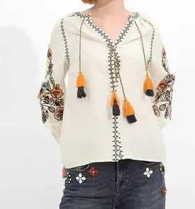 女性刺繍タッセルブラウスホワイトカジュアルトップスシャツSTb-0533