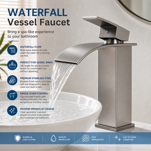 Badkamerkraan van messing, enkelgreeps, met watervaltuit en hoge uitvoering voor wastafel - Product Image 3