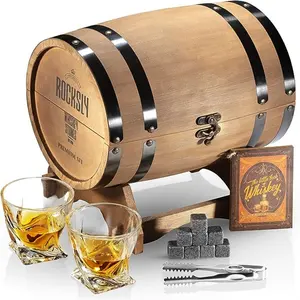 Wooden Whisky Stones Wine Barrel Box Gift Set