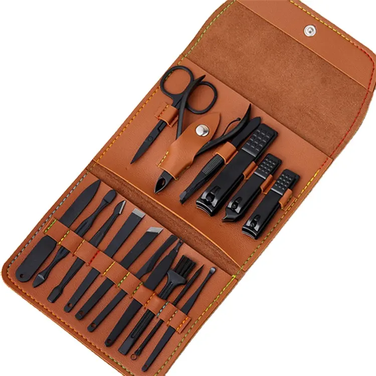 WELLFLYER 16 Pieces Manicure Set with Leather Case Nail Clippers Kit Grooming Kit Personal Care Tool Gifts For Men Women