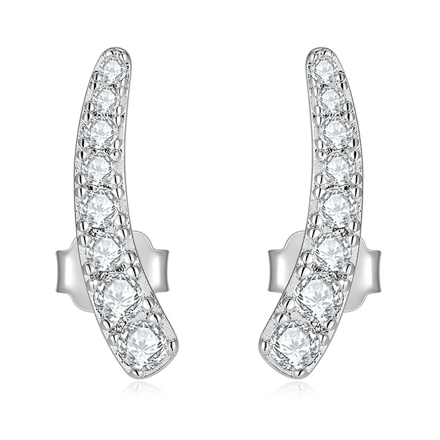 Rhodium Plated Sterling Silver Post CZ Diamond Ear Crawler Earrings Small Classic Ear Climber for Engagement Wedding