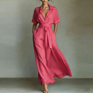 2026 New French Vacation Style V-Neck Elegant Retro Casual Solid Color <b>Waist</b> Slimming <b>Dress</b> - Product Image 1