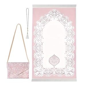 Juego de alfombrillas de oración musulmana con intrincados patrones florales que incluyen bolsa de transporte a juego y decoración de borlas suave y portátil para adoración - Product Image 1