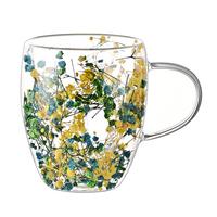 Dubbellaagse gedroogde bloemen glazen koffiemok van hoog borosilicaatglas, modern design, transparant, BPA-vrij