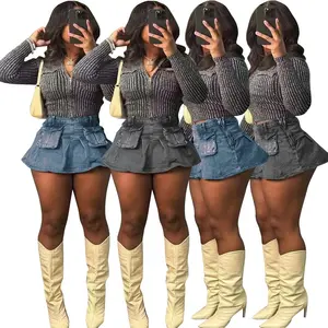 OUDINA Hot Style Cute Elastic Pleated 3D Pocket Cargo Jean Women's Denim Mini Skirt Club Party Womens Skirts