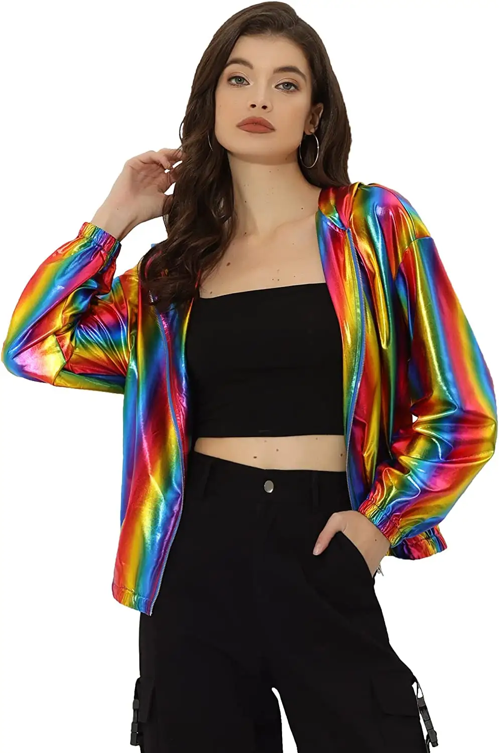 Chaqueta metálica con capucha y cremallera ligera brillante para fiesta holográfica para mujer