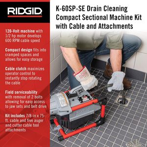 Máquina de limpieza de drenajes seccionales RIDGID K-60SP-SE de 120 voltios, capacidad para tuberías de 1.25 a 4 pulgadas, uso comercial y residencial - Product Image 5