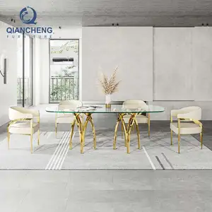 Wholesale High Gloss Glass Top Dinning Room Kitchen Tables Set 8 Seater Luxury Gold Dining Table And Chair