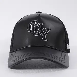 Personalizado 3D bordado logotipo hombres camionero gorras malla cuero camionero sombreros SnapBack sombreros