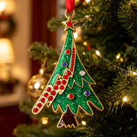 Ornement de Noël en alliage de zinc, vert émeraude, paillettes dorées, rayures, éclairs, gemmes rouges, étoile de sommet, pendentif tronc sombre