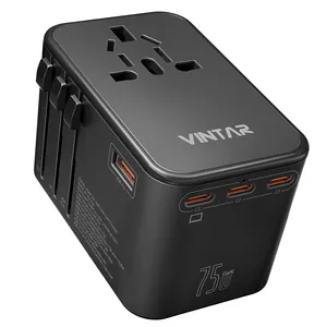 מתאם תקע בינלאומי VINTAR 75W GaN עם 3 PD USB-C ו-2 USB-A QC, כלי נסיעות חיוניים הכל באחד