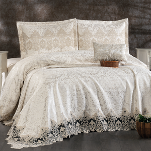 ชุดเครื่องนอนเจ้าสาวสุดหรู 4 ชิ้น รุ่น Guzide MAVERA ผ้าถักออร์แกนิค ลายทันสมัย ดีไซน์เฉพาะตัว สีเอครู/ทอง ผลิตจากผ้าเชนิล - Product Image 1