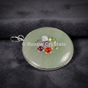 Colgante de Disco de Jade con Cristales Rozrin y Siete Piedras Preciosas, Diseño Floral, Chapado en Plata Antigua, Clásico, Unisex - Product Image 2
