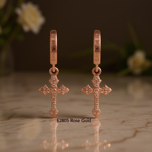 Orecchini pendenti Eragnoe con croce in oro rosa e strass di cristallo, gioielli religiosi da donna E2803 - Product Image 2