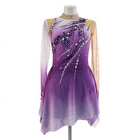 Robe de patinage et de danse pour enfants et adultes, dégradé violet, col montant, manches longues en maille nude, dos orné de strass, pour compétition et spectacle de patinage sur glace