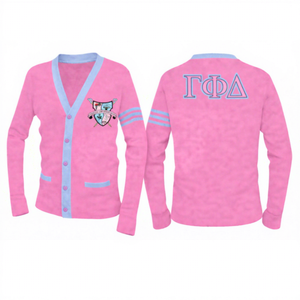 Suéter Cárdigan de la Hermandad Gamma Phi Delta, Tejido Rosa con Rayas Azul Claro y Logotipo Bordado, Ropa de la Hermandad GPD - Product Image 1