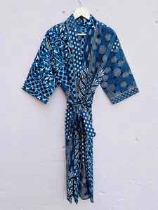 Robe kimono en coton, imprimé patchwork indigo, peignoir doux et léger, vêtement de maison bohème pour femmes - Product Image 4