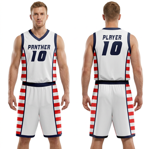 Ensemble de maillot de basket-ball pour homme Panther, blanc, rouge, bleu, rayé, col en V, sans manches, respirant, coupe athlétique, toutes saisons - Product Image 3