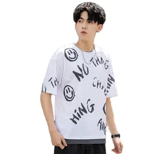 large size oversize shoulder short-sleeved T-shirt double-layer round neck stitching slit fabric clothes fashion hip hop tshirt