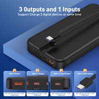 Banque d'alimentation haute capacité 10000mAh, vente flash, écran LCD, matériau ABS, sortie PD 20W type-C, câble intégré pour téléphone, livraison gratuite